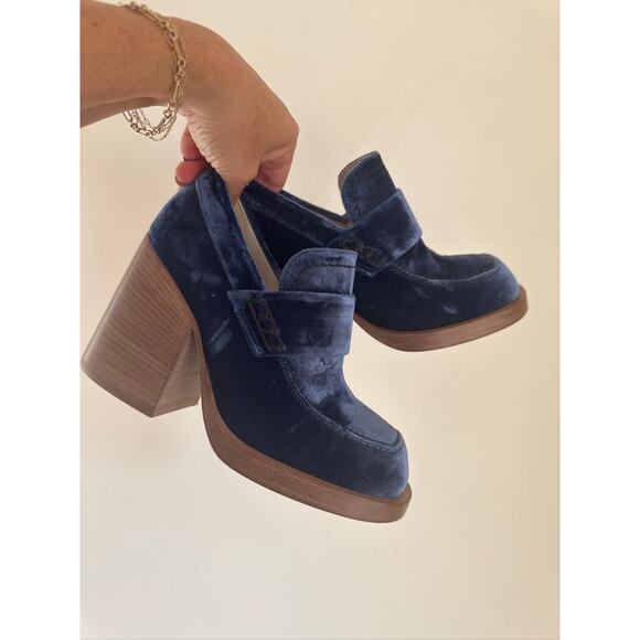 MARNI Velvet Block Heel Platform Block Heel Loafers in Blue, Size 36.5 - Picture 1 of 9